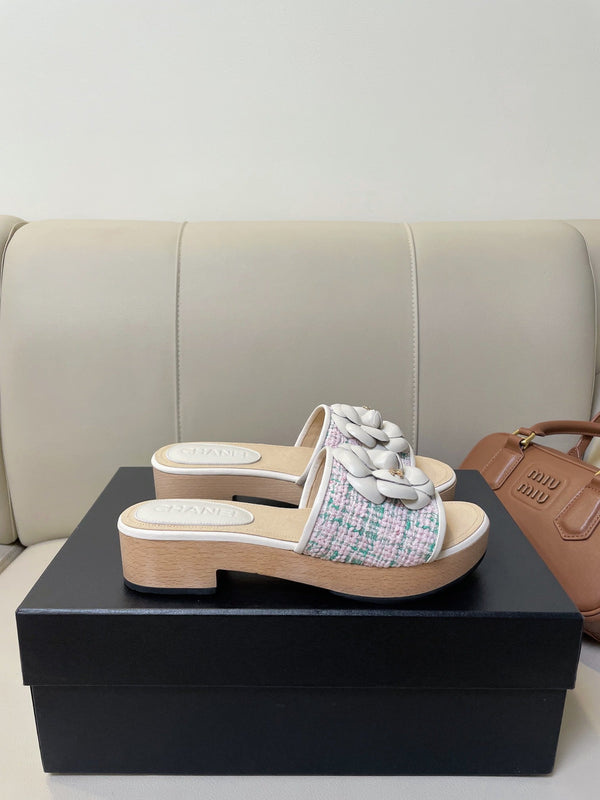 cc mule sandal 45 pink blue fabric beige calfskin