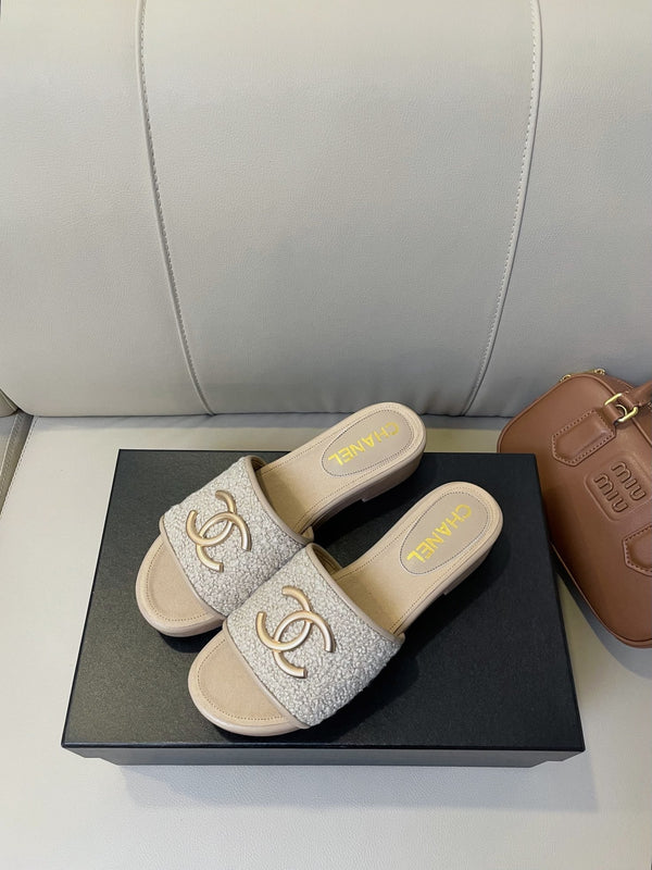 sandalo mule cc 45 in tweed grigio pelle di vitello beige