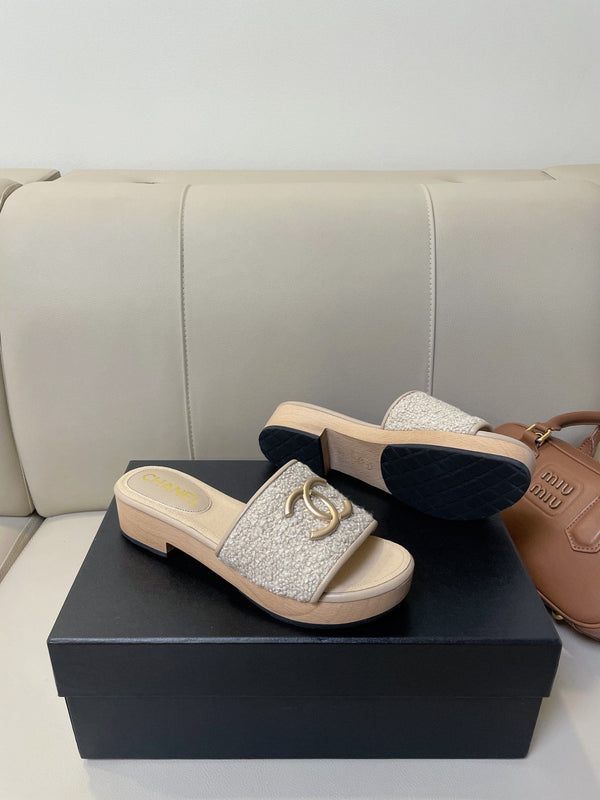 sandalo mule cc 45 in tweed grigio pelle di vitello beige