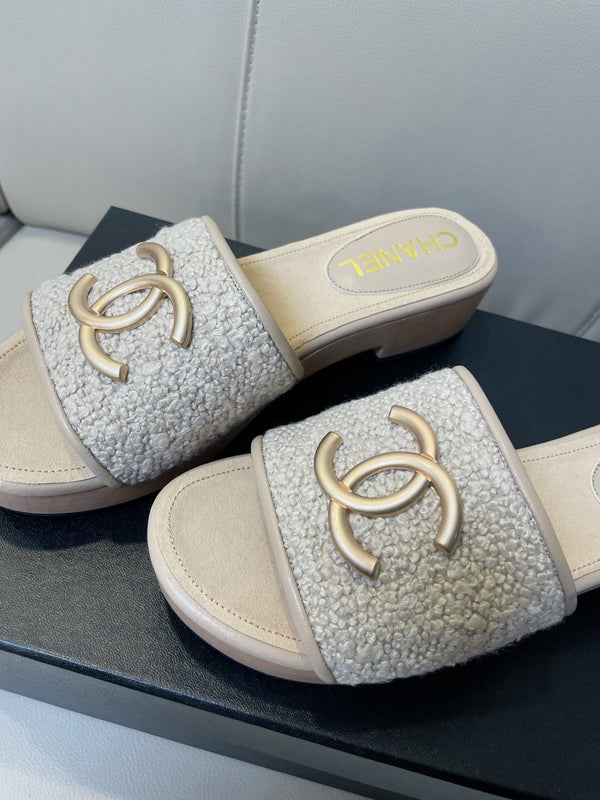 sandalo mule cc 45 in tweed grigio pelle di vitello beige