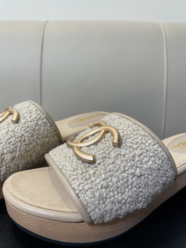 sandalo mule cc 45 in tweed grigio pelle di vitello beige