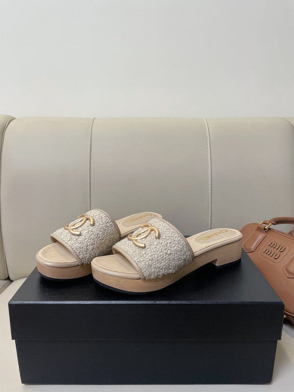 sandalo mule cc 45 in tweed grigio pelle di vitello beige