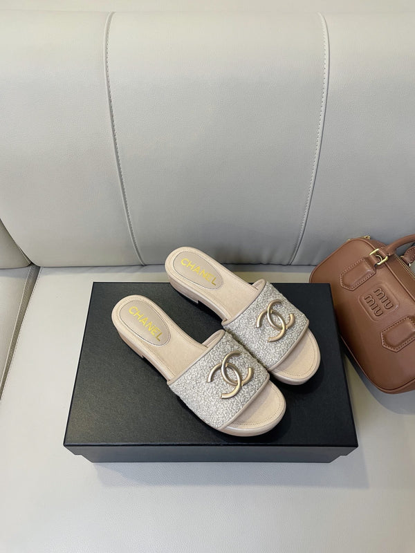 sandalo mule cc 45 in tweed grigio pelle di vitello beige