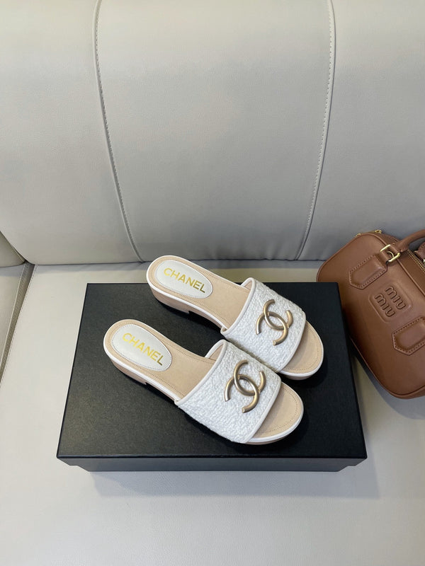 sandalo mule cc 45 in tweed bianco e pelle di vitello beige