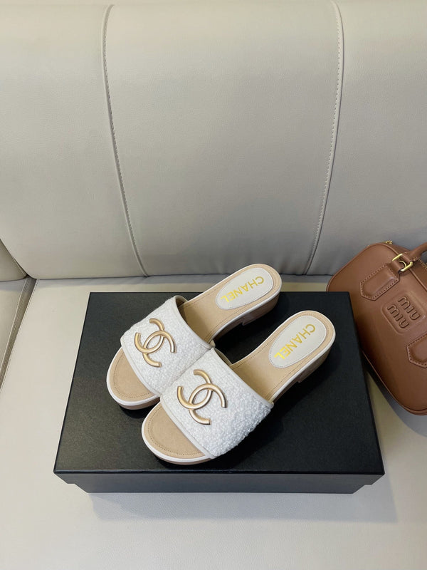 sandalo mule cc 45 in tweed bianco e pelle di vitello beige