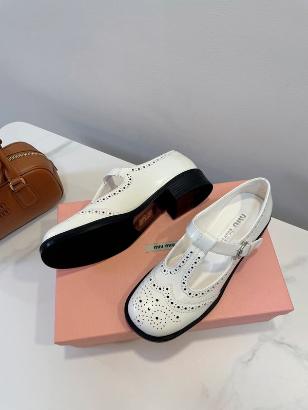 Miu Loafers T-Strap White Cowhide