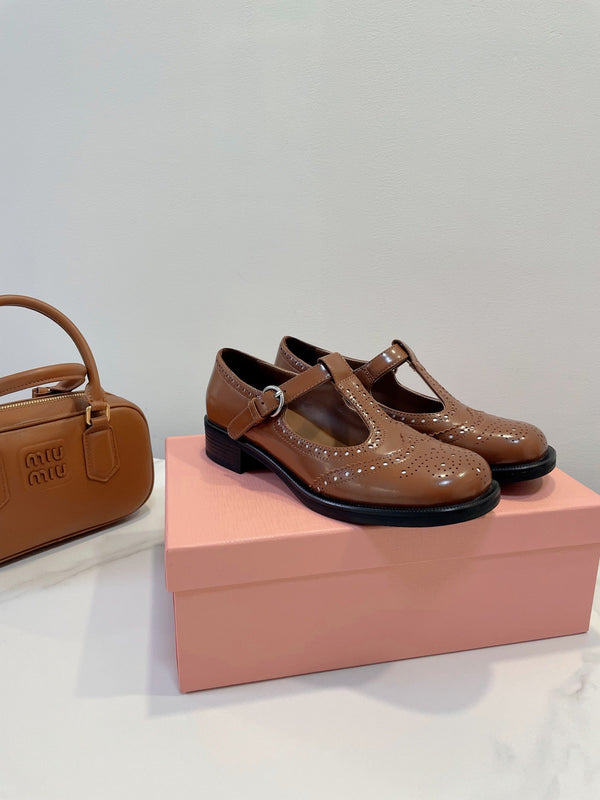 Miu Loafers T-Strap Tabacco Color Cowhide