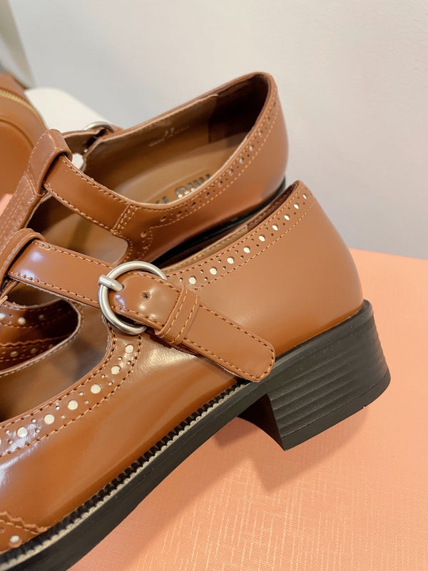 Miu Loafers T-Strap Tabacco Color Cowhide