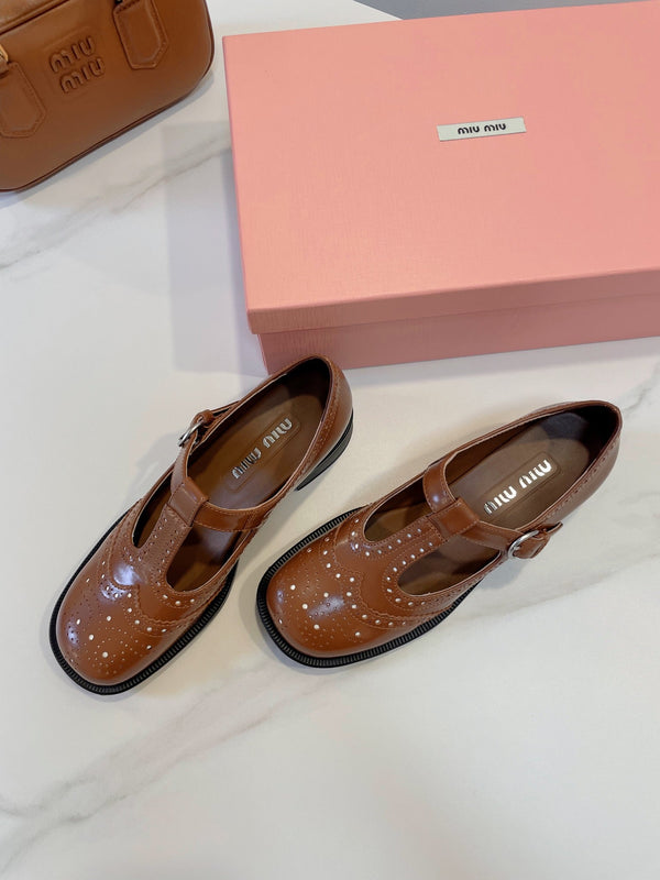 Miu Loafers T-Strap Tabacco Color Cowhide
