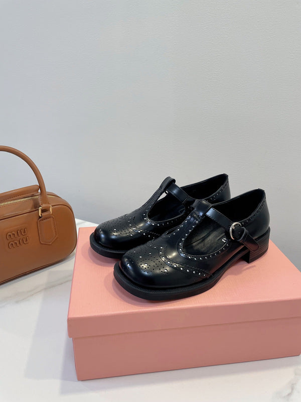 Miu Loafers T-Strap Black Cowhide