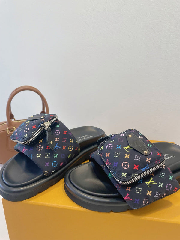 LV x TM Pool Pillow Flat Comfort Mule Black and Multicolored Monogram Nylon 241327