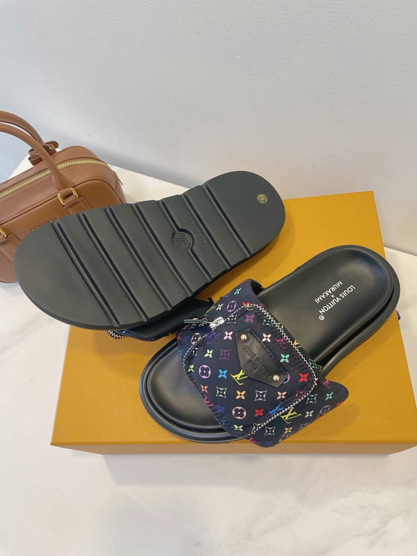 LV x TM Pool Pillow Flat Comfort Mule Black and Multicolored Monogram Nylon 241327