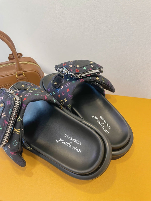 LV x TM Pool Pillow Flat Comfort Mule Black and Multicolored Monogram Nylon 241327