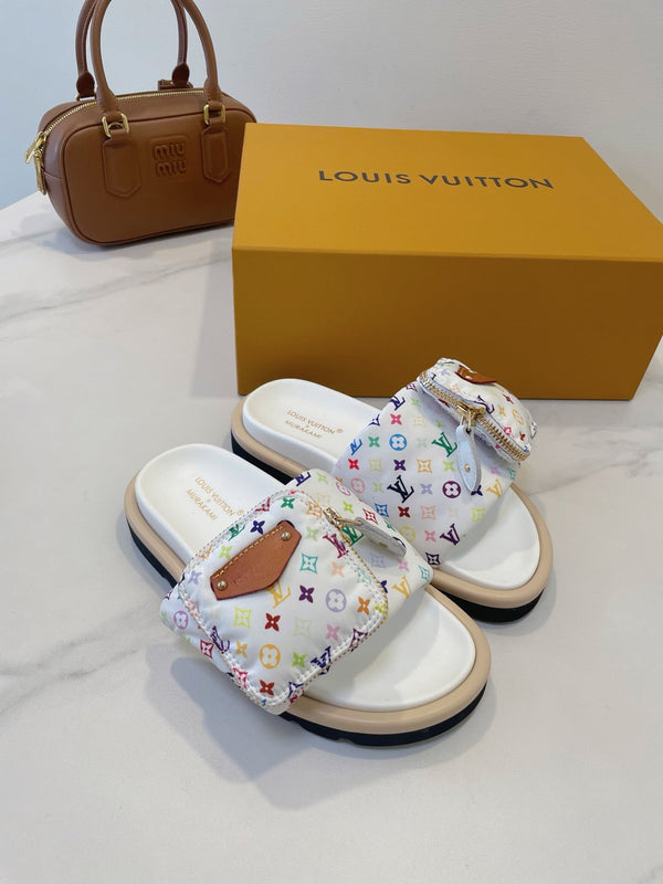 LV x TM Pool Pillow Flat Comfort Mule White and Multicolored Monogram Nylon 241328