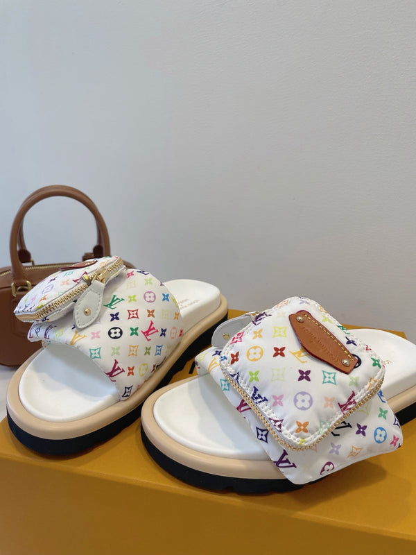 LV x TM Pool Pillow Flat Comfort Mule White and Multicolored Monogram Nylon 241328