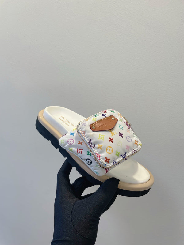 LV x TM Pool Pillow Flat Comfort Mule White and Multicolored Monogram Nylon 241328
