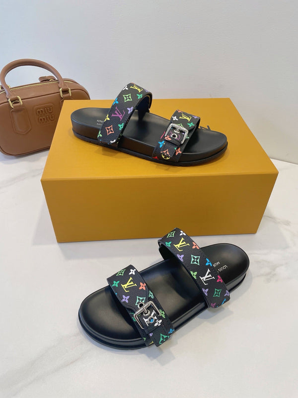 Bom Dia Flat Comfort Mule Black and Multicolored Monogram Canvas 241333