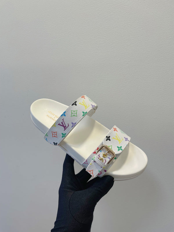 Bom Dia Flat Comfort Mule White and Multicolored Monogram Canvas 241334