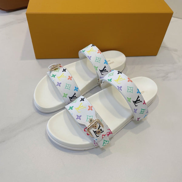 Bom Dia Flat Comfort Mule White and Multicolored Monogram Canvas 241334