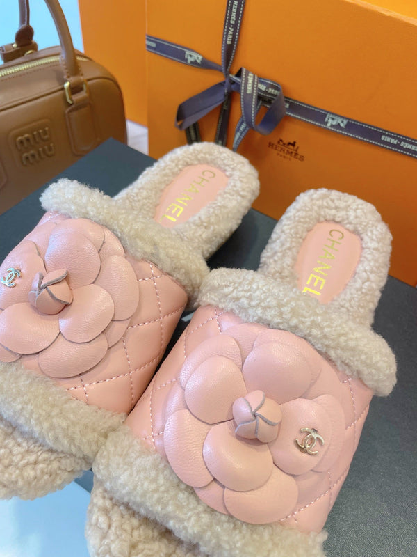 CC 25C Flower Slippers 50mm Pink Shearling Wood Sheepskin 423697
