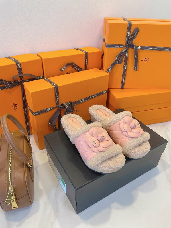 CC 25C Flower Slippers 50mm Pink Shearling Wood Sheepskin 423697