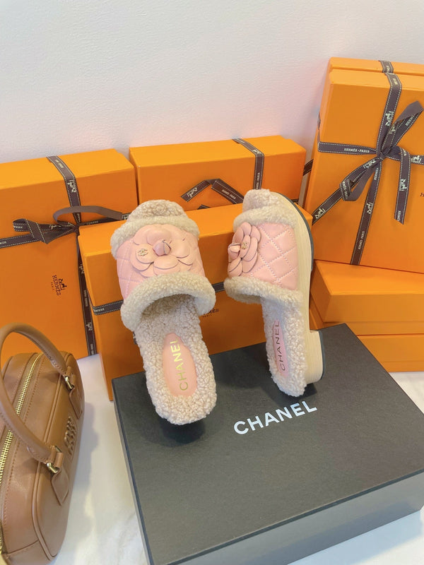 CC 25C Flower Slippers 50mm Pink Shearling Wood Sheepskin 423697