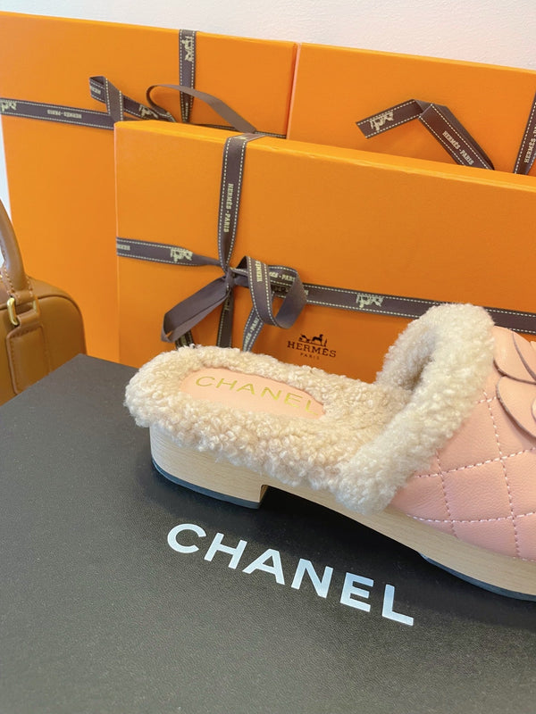 CC 25C Flower Slippers 50mm Pink Shearling Wood Sheepskin 423697