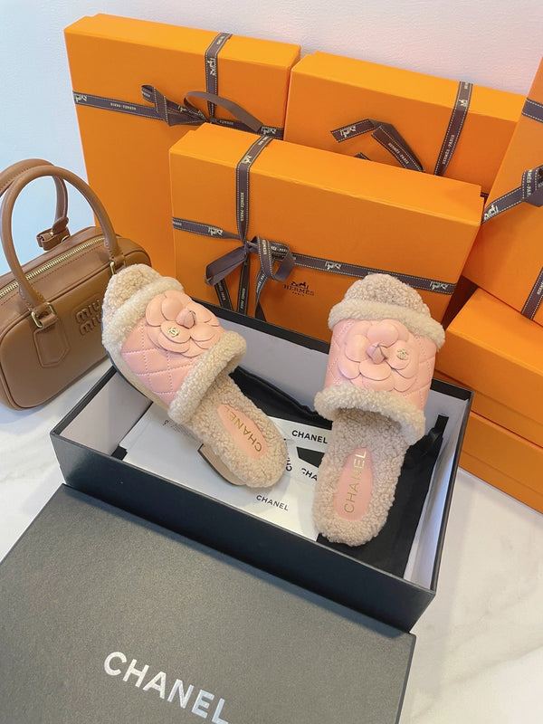 CC 25C Flower Slippers 50mm Pink Shearling Wood Sheepskin 423697