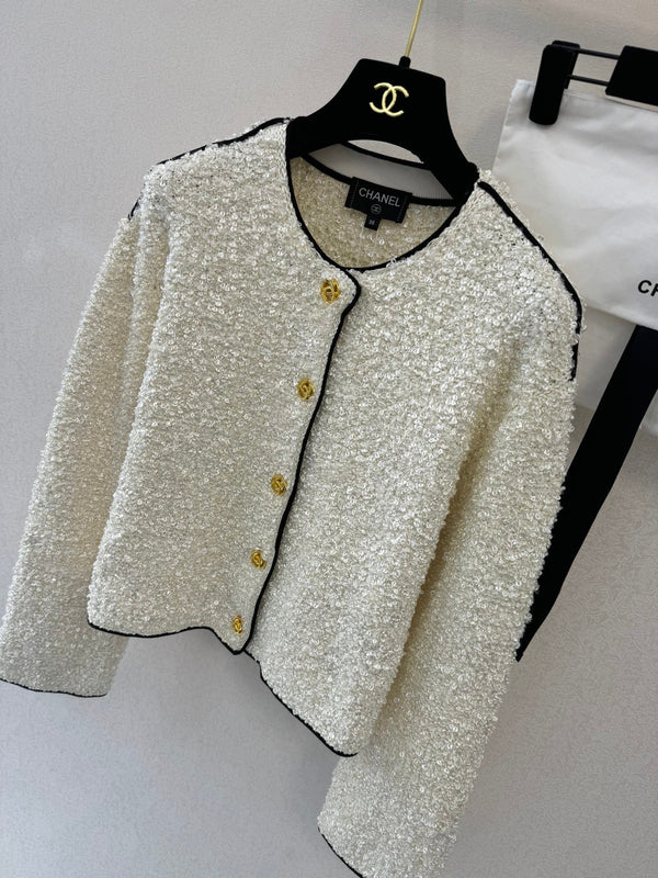 Cardigan Col Rond Manches Longues Tissu Bouclé Blanc 364287