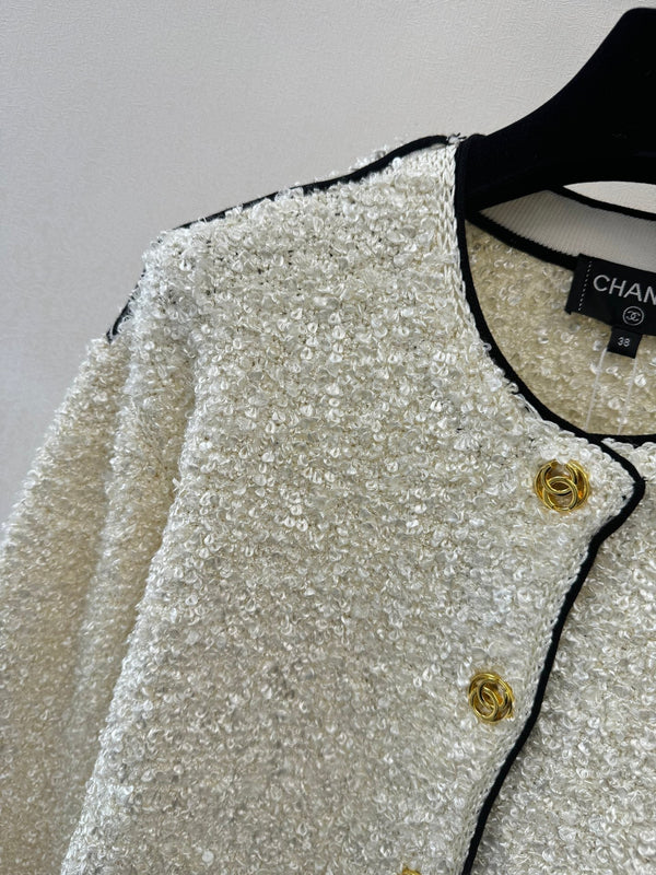 Cardigan Col Rond Manches Longues Tissu Bouclé Blanc 364287