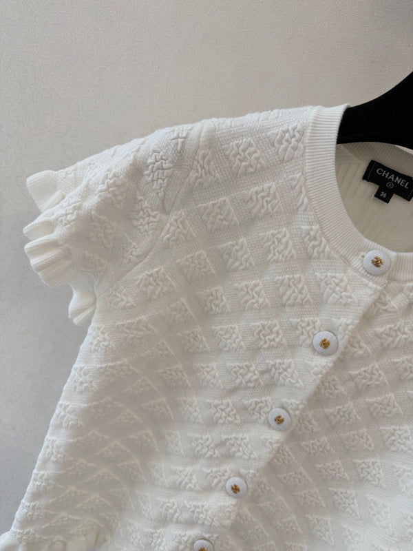 CC Crew Neck Short-Sleeved Cardigan White Cotton Silk 394834