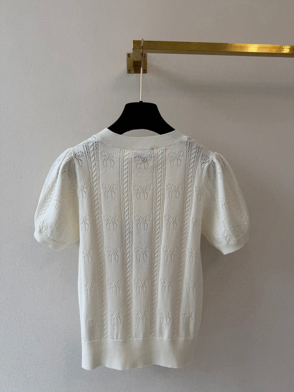CC Crew Neck Short-Sleeved Cardigan White Cotton Silk 394825