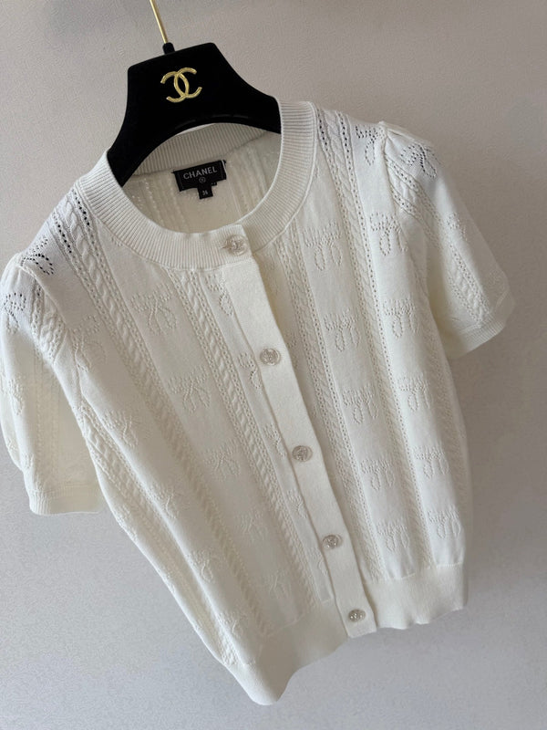 CC Crew Neck Short-Sleeved Cardigan White Cotton Silk 394825