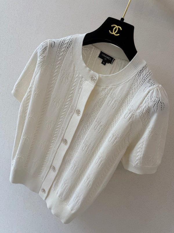 CC Crew Neck Short-Sleeved Cardigan White Cotton Silk 394825