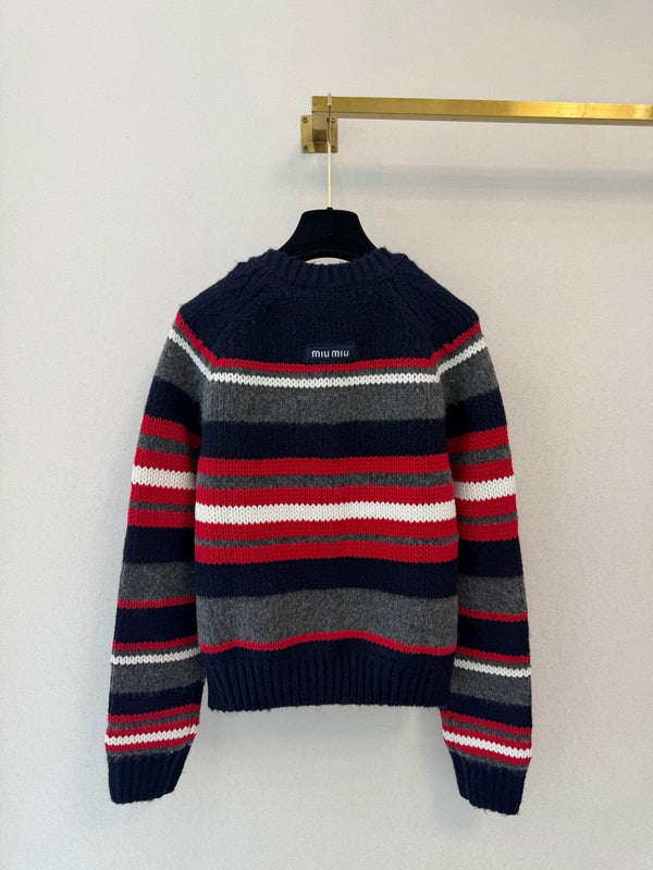 Miu 26s Striped Knit Cardigan Navy Blue Alpaca Silk Wool 451041