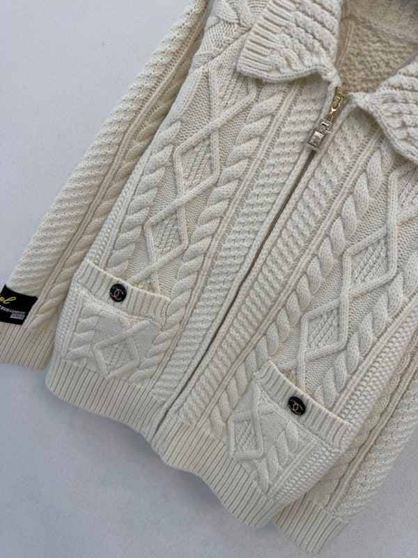CC 26s Collared Cable Knit Zip Cardigan Wool 450978