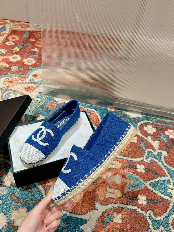 cc espadrilles blue cotton tweed white sequin
