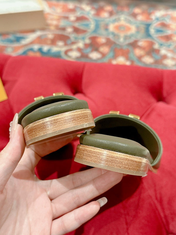 lv capri flat mule khaki green calfskin