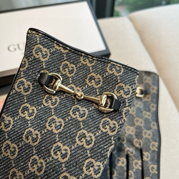 HORSEBIT GLOVES IN STONE BLUE MONOGRAM JACQUARD FABRIC MIX BLACK SHEEPSKIN 456333