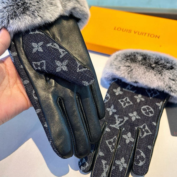 FINGERLESS GLOVES IN BLACK MONOGRAM DENIM AND LAMBSKIN WITH RABBIT FUR 458590