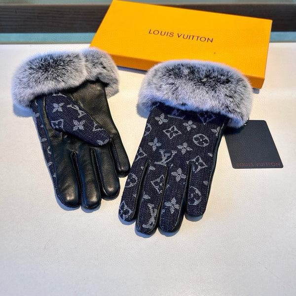 FINGERLESS GLOVES IN BLACK MONOGRAM DENIM AND LAMBSKIN WITH RABBIT FUR 458590