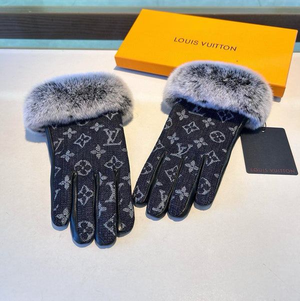 FINGERLESS GLOVES IN BLACK MONOGRAM DENIM AND LAMBSKIN WITH RABBIT FUR 458590