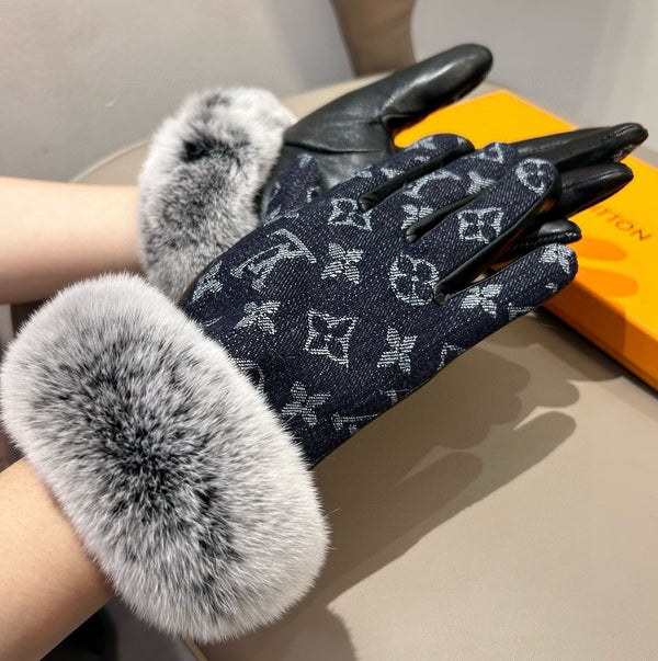 FINGERLESS GLOVES IN BLACK MONOGRAM DENIM AND LAMBSKIN WITH RABBIT FUR 458590