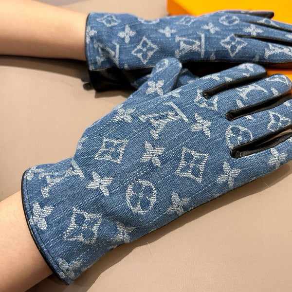 GLOVES IN ELECTRIC BLUE MONOGRAM DENIM AND BLACK LAMBSKIN 460110