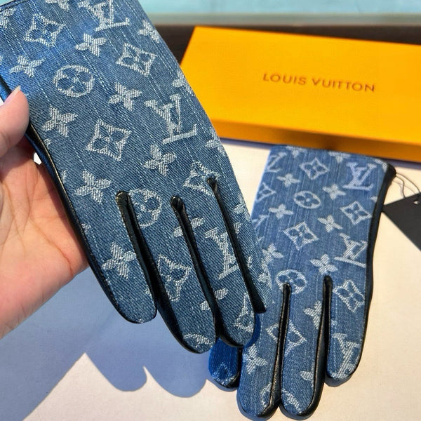 GLOVES IN ELECTRIC BLUE MONOGRAM DENIM AND BLACK LAMBSKIN 460110