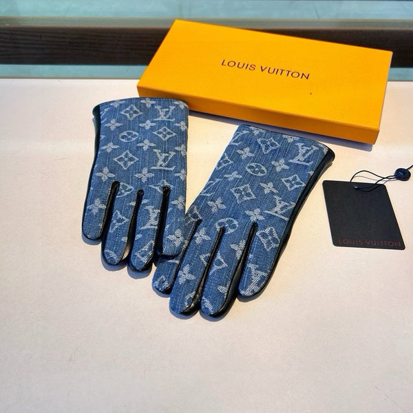 GLOVES IN ELECTRIC BLUE MONOGRAM DENIM AND BLACK LAMBSKIN 460110