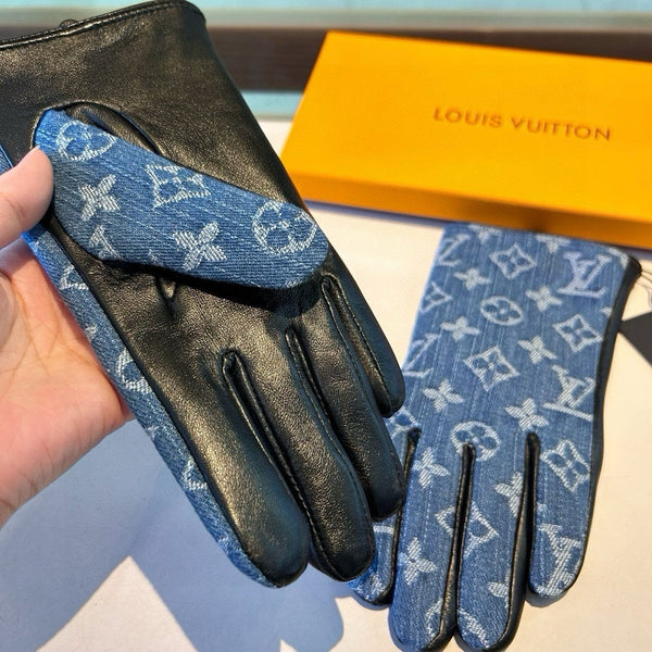 GLOVES IN ELECTRIC BLUE MONOGRAM DENIM AND BLACK LAMBSKIN 460110