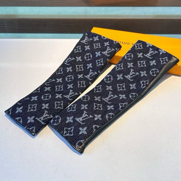 FINGERLESS LONG GLOVES IN BLACK MONOGRAM DENIM AND LAMBSKIN