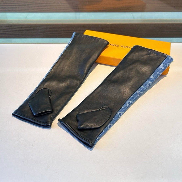 FINGERLESS LONG GLOVES IN AZURE BLUE MONOGRAM DENIM AND BLACK LAMBSKIN