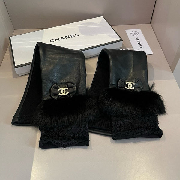 FINGERLESS LONG GLOVES IN BLACK LAMBSKIN WITH RABBIT FUR 465798